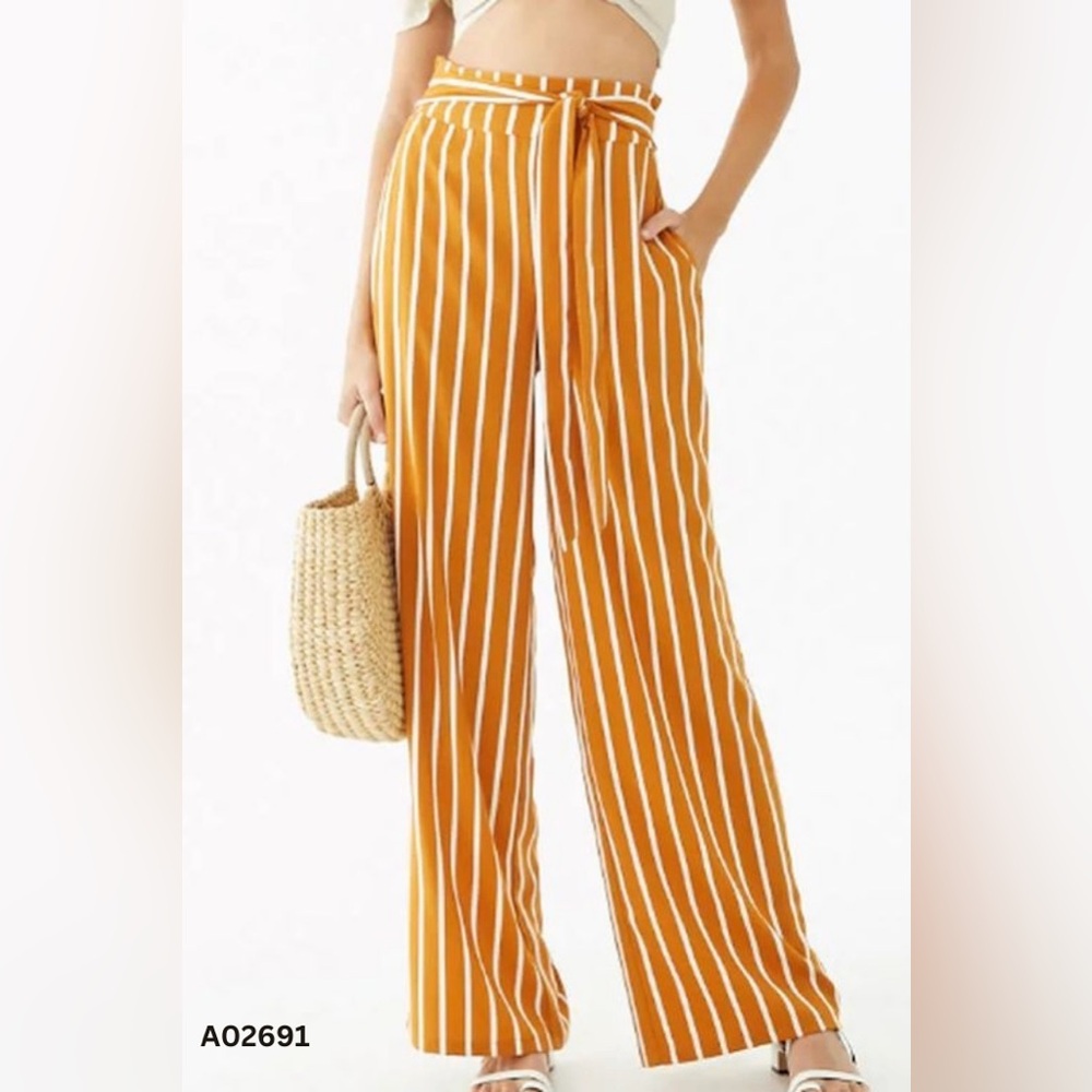 NWT Forever 21 Brown Striped Palazzo Wide Leg Pants Size Small